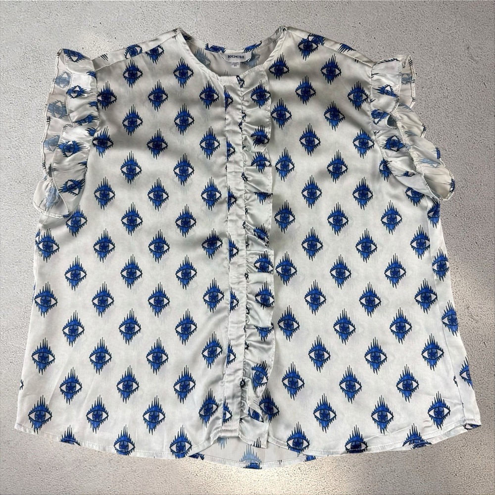 Koch Evil Eye Ruffle Pixie Polysatin Top Blouse Blue White Womens Medium